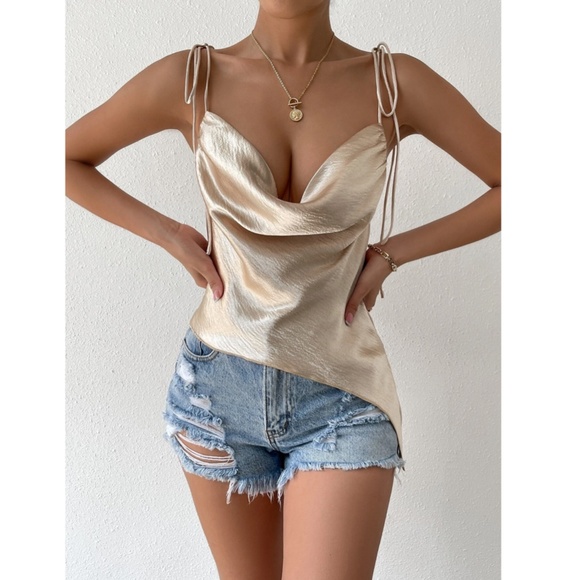 Champagne Color Glamorous Cowl Neck Ties Straps Camisole Top Satin - Picture 6 of 10